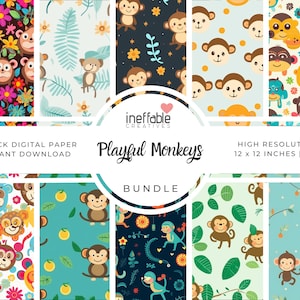 Puede incluir: Un paquete de papel digital con 10 diseños de monos juguetones. Los diseños incluyen monos con flores, hojas y frutas. El texto "Playful Monkeys Bundle" está en el centro de la imagen.