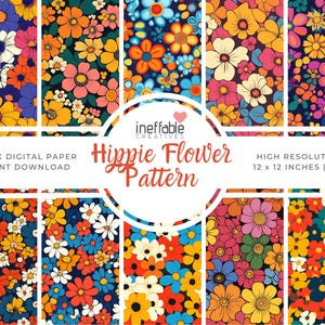 Hippie Flower Themed Patterns | Digital Paper Scrapbook Patterns, Pattern Paper, Seamless Patterns, Background Patterns