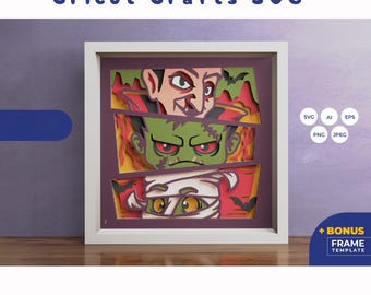 May include: A digital file for a layered paper craft featuring three Halloween monsters: Dracula, Frankenstein, and a mummy. The monsters are depicted in a cartoon style with bright colors and bold outlines. The file includes a bonus frame template.