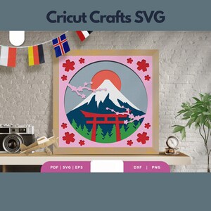 Japanische Berg Fuji 3D Schatten Box SVG, 3D Papier Schnitt Schatten Box Vorlage, SVG digitaler Download Dateien, Schatten Box SVG, Cricut SVG Dateien