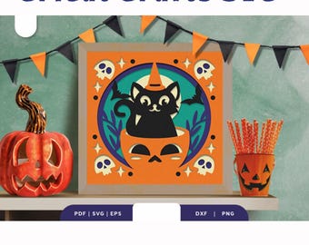 Halloween Pumpkin Black Cat 3D Light Box SVG, Papercut Graphic, Halloween Day 3D SVG, 3D Paper Cut Shadow Box Template,