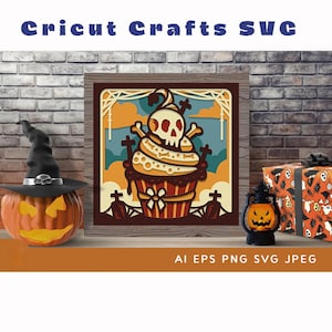Halloween Cupcake 3D Shadow Box Papercut Graphic, Halloween Day 3D SVG, 3D Paper Cut Shadow Box Template, SVG Digital Download Files,