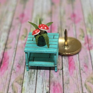Miniature, 1/48th quarter scale, hand decorated, flower pot with Toadstools and Ferns-ready to use in your own indoor/outdoor scenes!