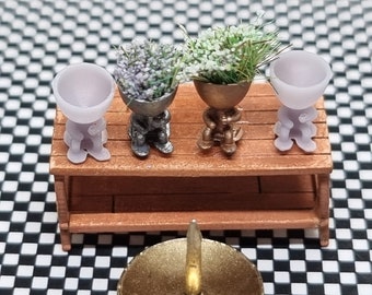 Miniature, 1/48th scale undecorated, Two Cute Indoor Pot Plant People Holders, sitting with a cup in their hands