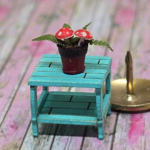Miniature, 1/48th quarter scale, hand decorated, flower pot with Toadstools and Ferns-ready to use in your own indoor/outdoor scenes!