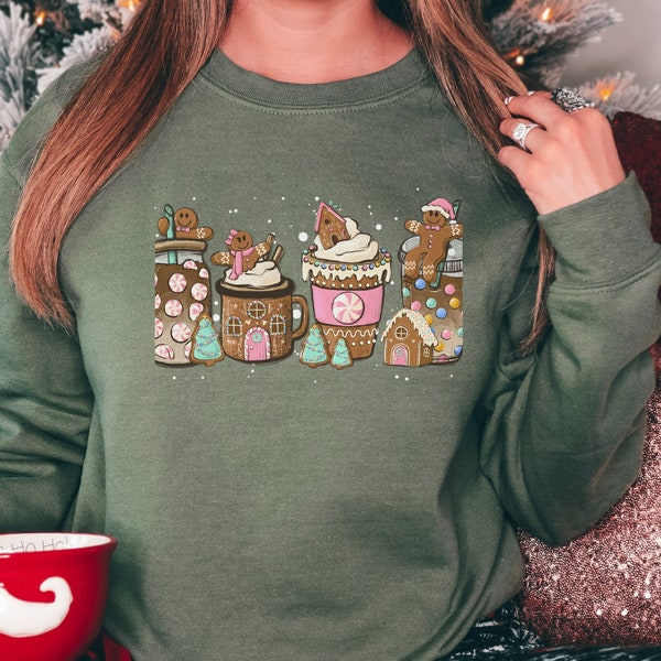 Sudadera navideña de jengibre y café, suéter navideño retro, camisa festiva, sudadera navideña, suéter navideño para amantes del café