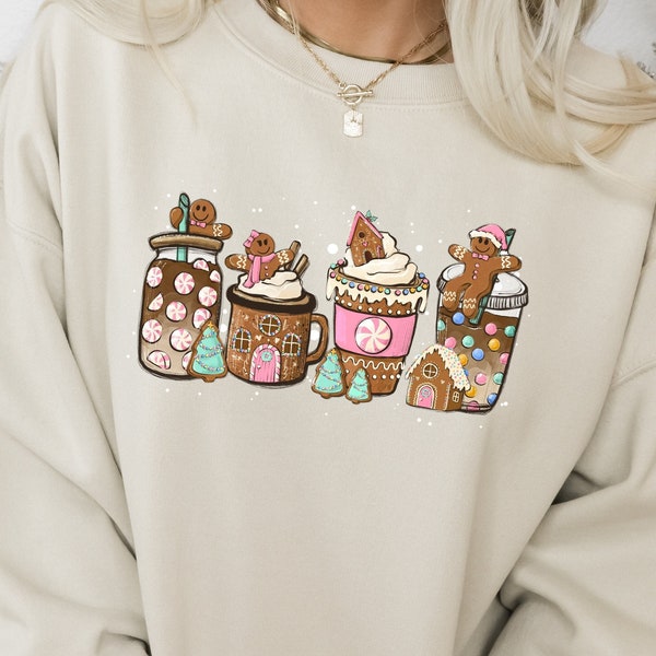 Gingerbread Christmas Coffee Crewneck Sweatshirt, Cute Retro Christmas Sweater, Festive Shirt, Xmas Hoodie, Coffee Lovers Holidays Jumper