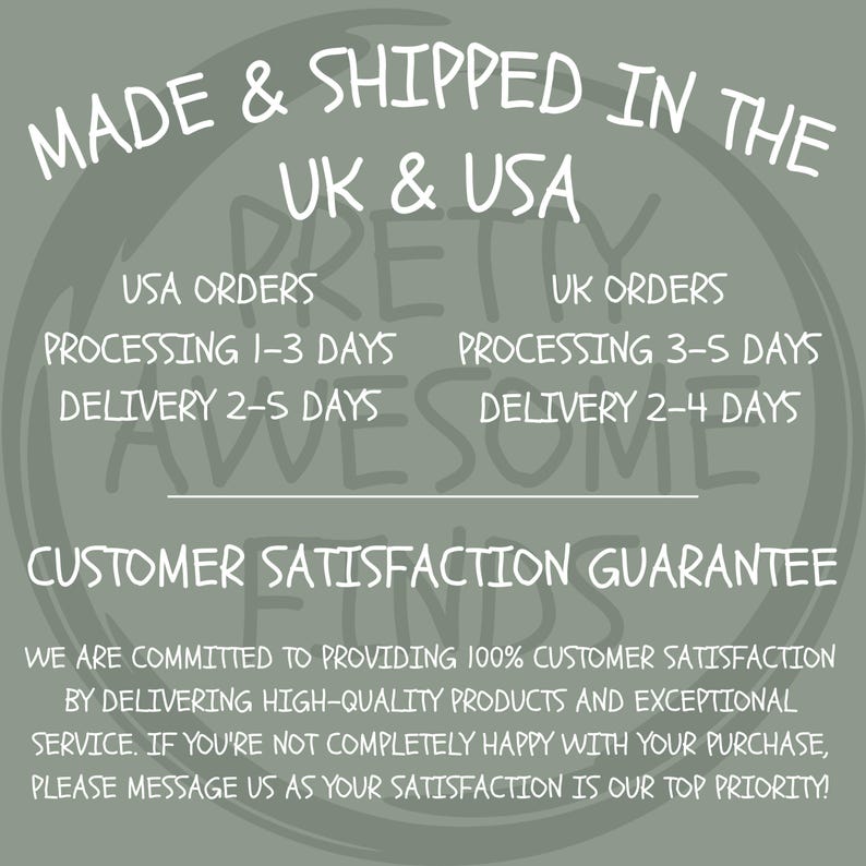Puede incluir: Un gr&aacute;fico de texto blanco sobre un fondo verde con el texto "MADE & SHIPPED IN THE UK & USA". El gr&aacute;fico tambi&eacute;n incluye informaci&oacute;n sobre los tiempos de procesamiento y entrega de pedidos desde EE. UU. y el Reino Unido.
