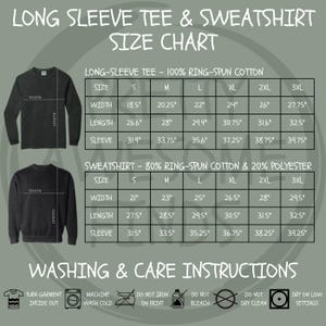 May include: Size chart for long sleeve tees and sweatshirts. The chart includes measurements for width, length, and sleeve length in inches for sizes S to 3XL. Washing and care instructions are also provided.