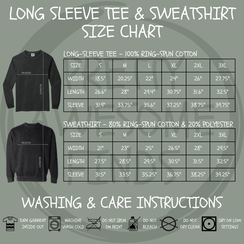 May include: Size chart for long sleeve tees and sweatshirts. The chart includes measurements for width, length, and sleeve length in inches for sizes S to 3XL. Washing and care instructions are also provided.