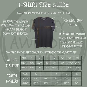 May include: A gray t-shirt with a size guide. The guide includes instructions on how to measure the shirt's length and width. The chart provides measurements for adult and youth t-shirts in inches, including width and length for sizes XS to 4XL.