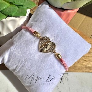 Handmade Virgen de Guadalupe Bracelet: Gold Plated, Pink String