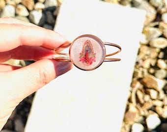 Handmade Rose Gold Virgin Mary Cuff Bracelet – Spiritual Resin Jewelry, Catholic Gift, Faith-Inspired Bangle