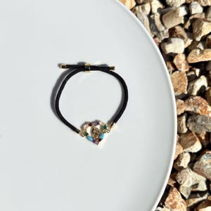 Gold Plated Virgen Mary Bracelet: Heart Crystals, Adjustable String