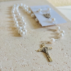 White Pearl Rosary Necklace: Silver Plated Cross, Floral Beads