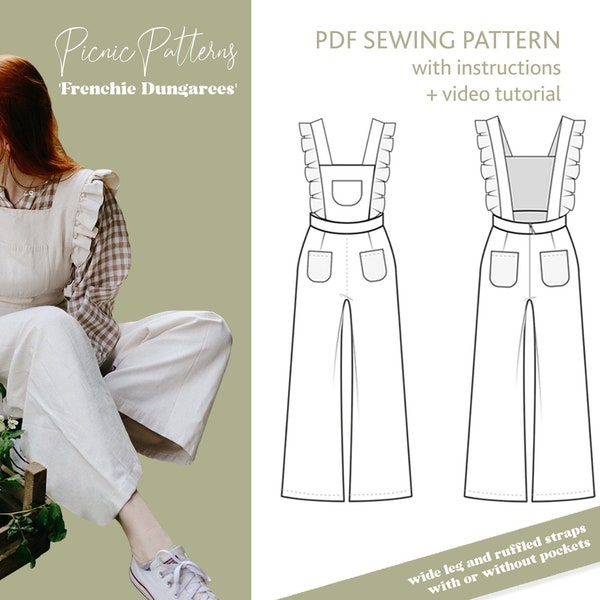 Dungarees Pinafore Bib Pants with ruffles and frills "Frenchie Dungarees" | PDF Sewing Pattern for Women, Girls in English | Cottage Style