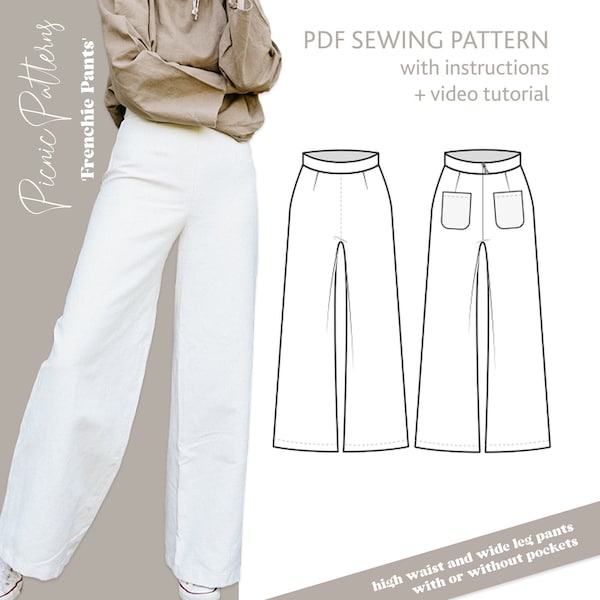 Pants PDF sewing pattern "Frenchie Pants" easy to sew beginner friendly classic high waist wide leg trousers, woman linenpants, Marlenehose