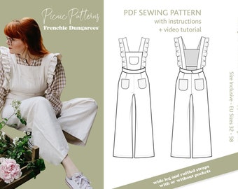 Dungarees Pinafore Bib Pants with ruffles and frills "Frenchie Dungarees" | PDF Sewing Pattern for Women, Girls in English | Cottage Style