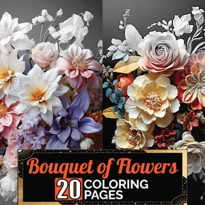 Bouquet Of Diverse Flowers Coloring Book, 20 Detail Greyscale Adult & Kids Colouring Page, A4 Size Sheet, Printable Digital PDF Download