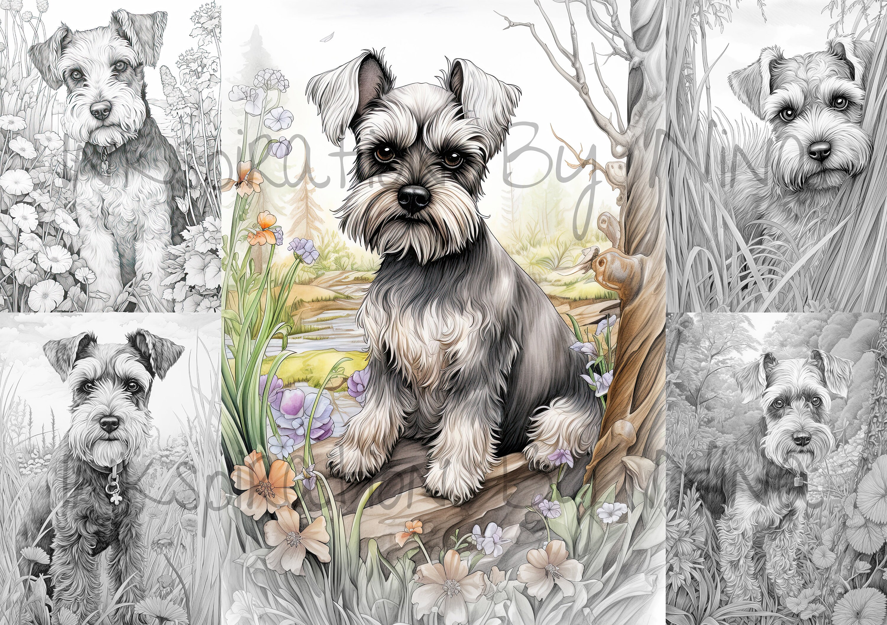 Miniature Schnauzer Dog in Flowers Coloring Pages, 20 Premium Coloring ...