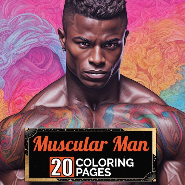 Muscular Dark Skin Man Coloring Pages, 20 Premium Coloring Sheets, Adult & Kids Coloring Book A4 Size, Printable Digital PDF Download