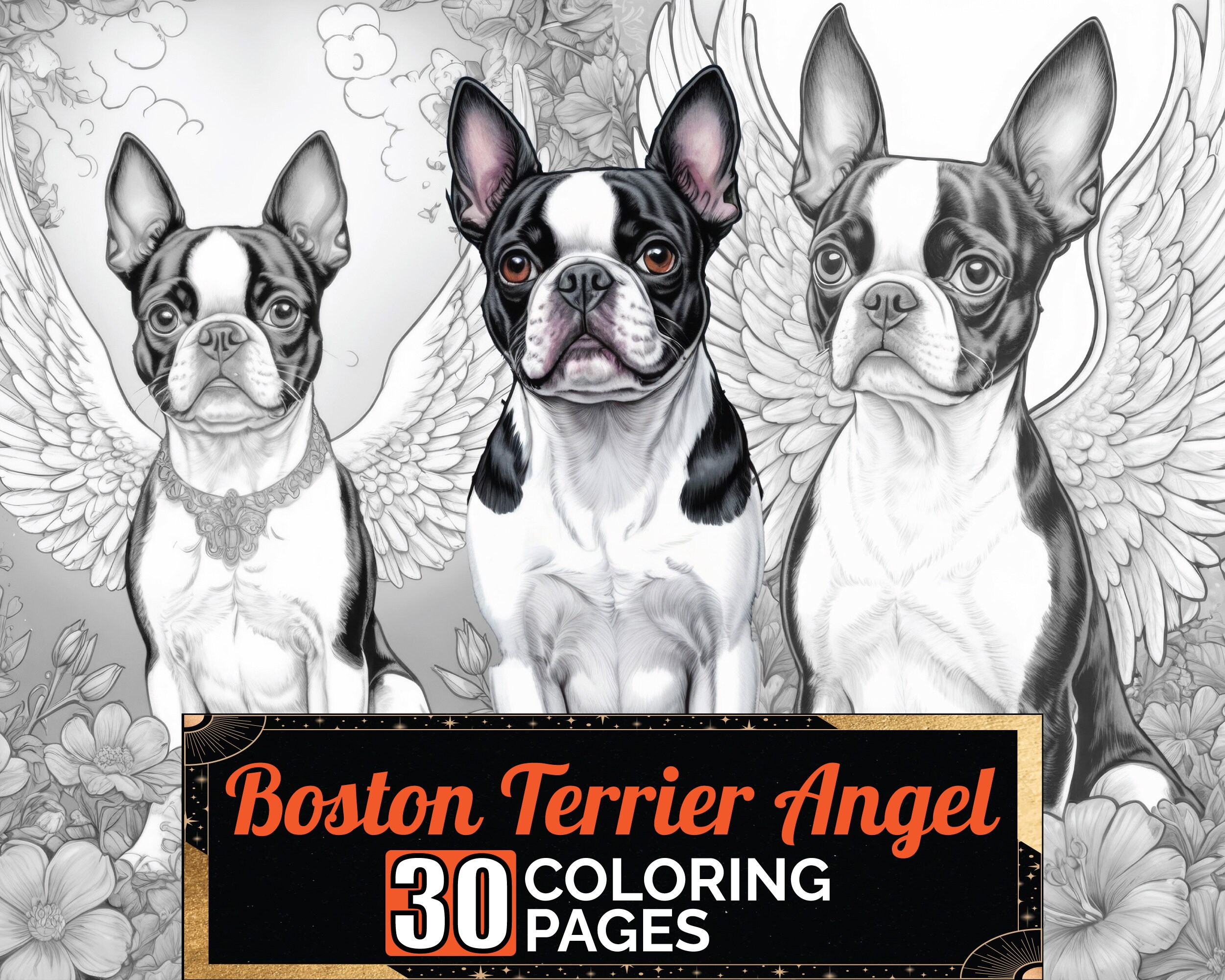 Boston Terrier Angel Coloring Book, 30 Detail Greyscale Adult & Kids Dogs Colouring Page, A4 Size Sheet, Printable Digital PDF Download