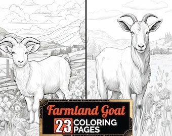 Farmland Goat Coloring Book, 23 Greyscale Adult & Kids Farm Animal Detail Colouring Page, A4 Size Sheet, Printable Digital PDF Download