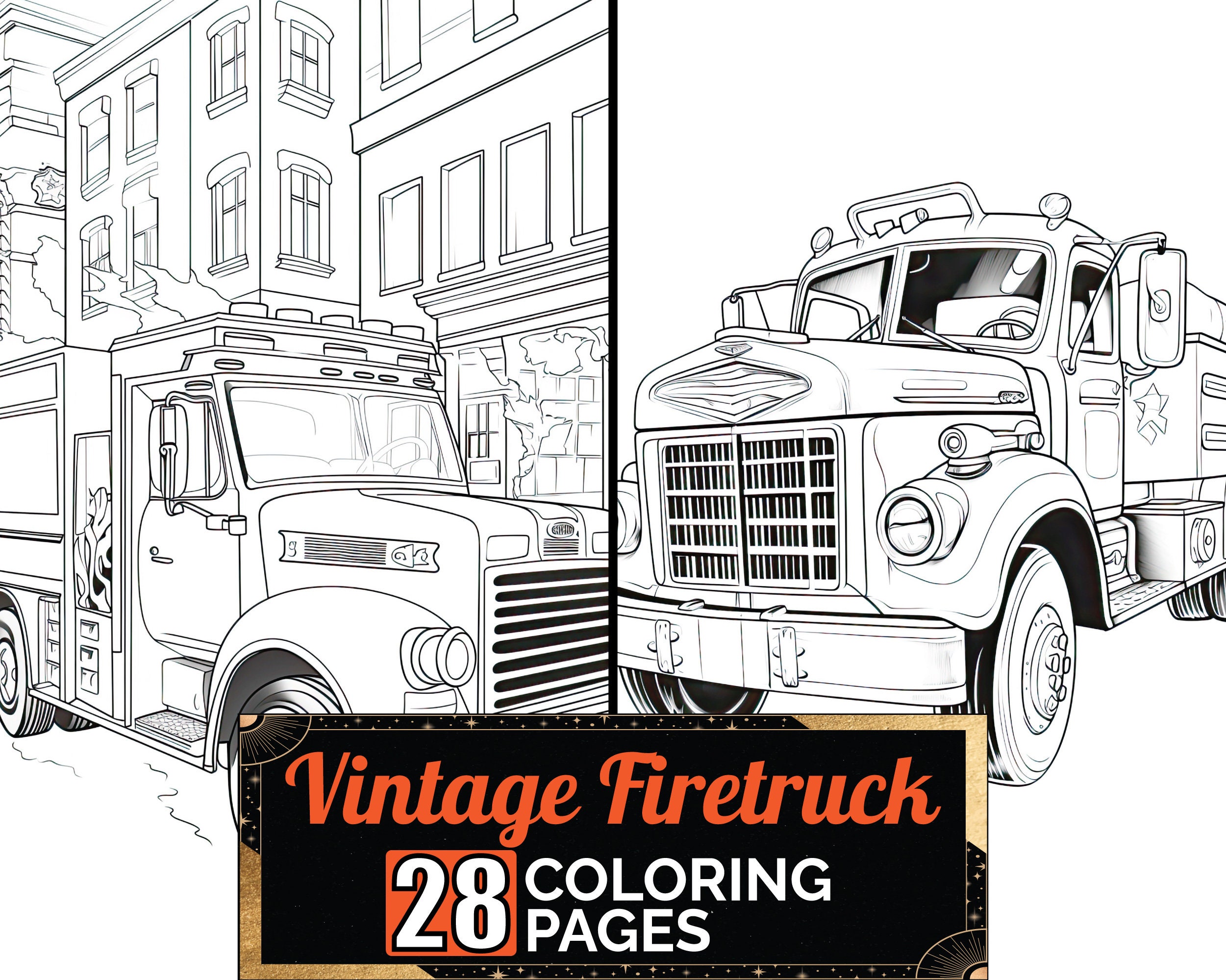 Vintage Fire Truck in City Coloring Book, 28 Detail Greyscale Adult ...