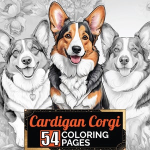 花の中のカーディガン ウェルシュ コーギーの塗り絵、54 枚の詳細なグレースケールの大人と子供の犬の塗り絵ページ、A4 シート、印刷可能なデジタル PDF ダウンロード