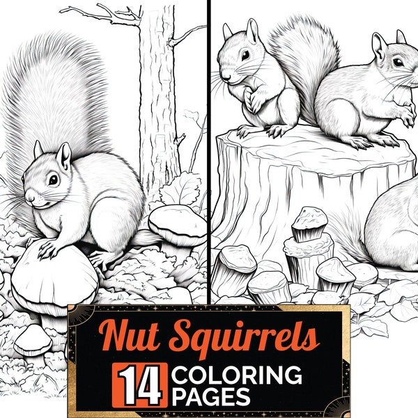 Nut Gathering Squirrels Coloring Book, 14 Detail Greyscale Adult & Kids Autumn Animal Pages, A4 Size Sheet, Printable Digital PDF Download
