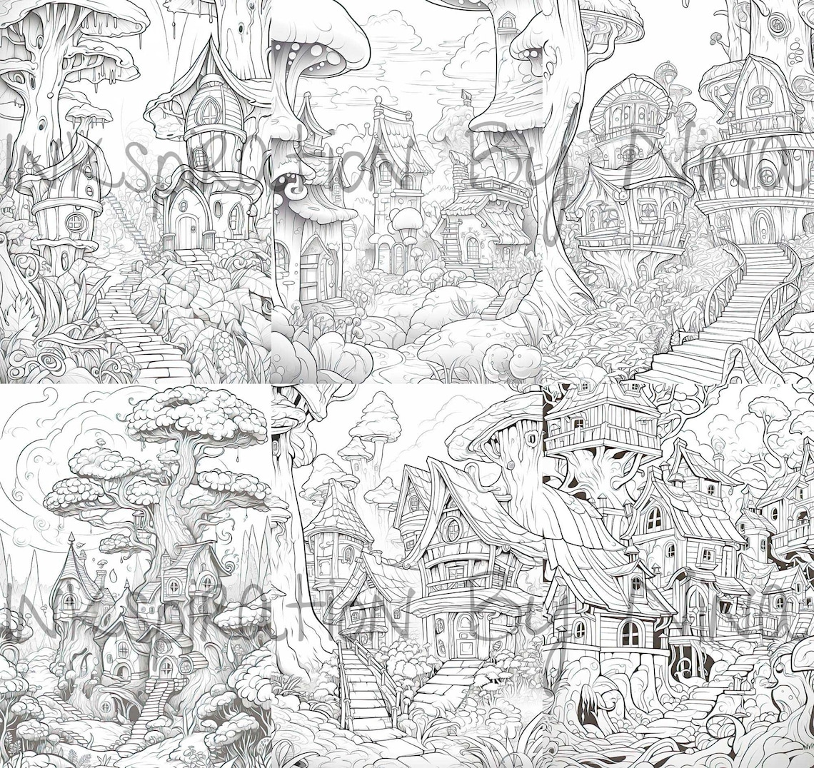 Magical Hidden Fairy Village Coloring Pages 22 Premium Adult Etsy