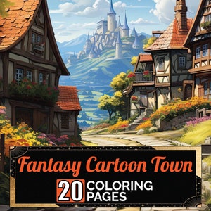 Kolorowanki Fantasy Cartoon Town, 20 Premium Coloring Sheets, Kolorowanka w formacie A4, Do pobrania w formacie PDF, Motyw Fantasy