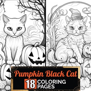 カボチャに座る黒猫の塗り絵、18 グレースケールの大人と子供向けの詳細なハロウィーン テーマ ページ、A4 シート、印刷可能なデジタル PDF ダウンロード