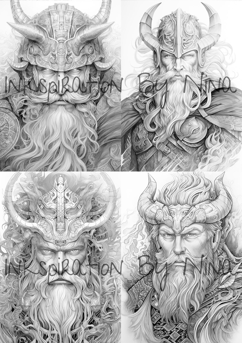 Norse Ragnarok Mythology Coloring Book, 20 Greyscale Adult & Kids ...