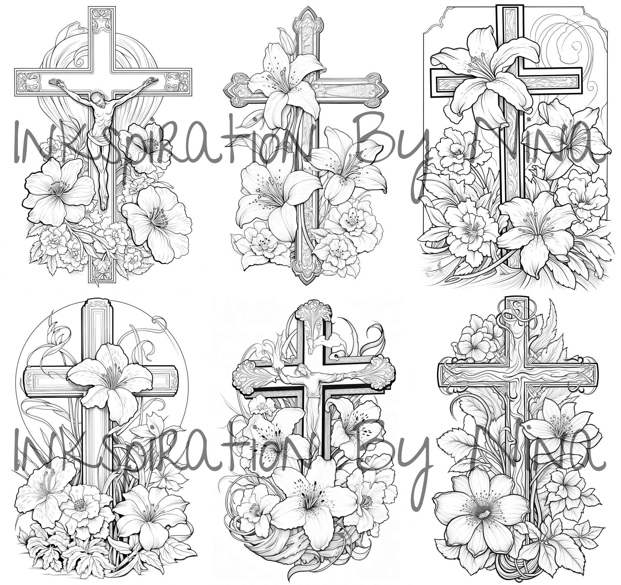 Flower Cross Coloring Book, 25 Detail Greyscale Adult &amp; Kids Floral ...