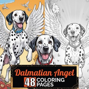 Dalmatian Angel With Wings Coloring Book, 48 Detail Greyscale Adult & Kids Dog Colouring Page, A4 Size Sheet Printable Digital PDF Download