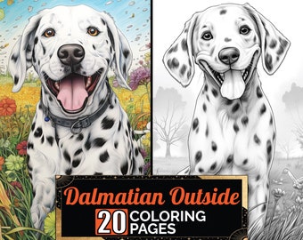 Chien dalmatien profitant des pages à colorier extérieures, 20 feuilles de coloriage Premium, livre de coloriage format A4, téléchargement PDF numérique imprimable, thème chien