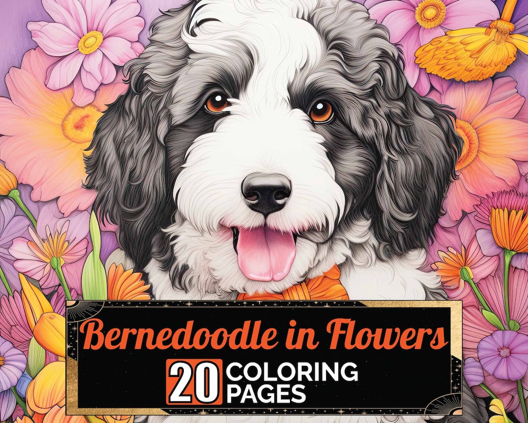 Bernedoodle in Flowers Coloring Pages, 20 Premium Coloring Sheets
