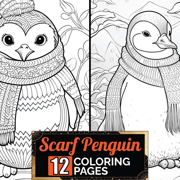 Cozy Scarf And Beanie Penguin Coloring Book, 12 Detail Greyscale Adult & Kids Animal Pages, A4 Size Sheet, Printable Digital PDF Download