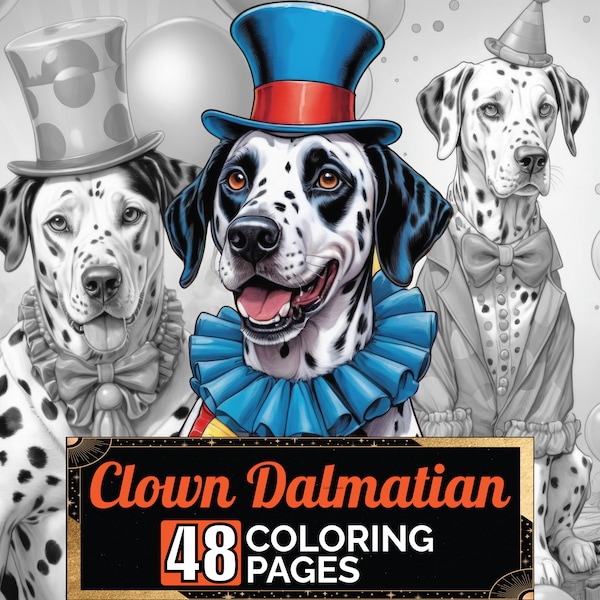Livre de coloriage dalmatien déguisé en clown, 48 niveaux de gris, pages à colorier pour chiens adultes et enfants, feuille A4, téléchargement numérique imprimable au format PDF