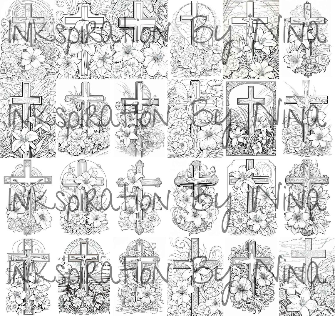 Flower Cross Coloring Book, 25 Detail Greyscale Adult &amp; Kids Floral ...
