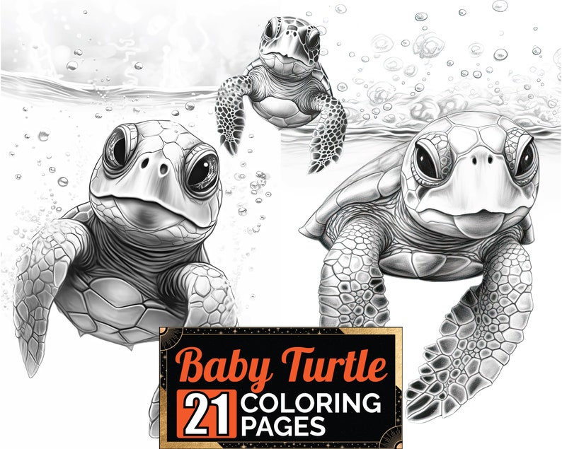 Cute Baby Sea Turtle Coloring Book, 21 Detail Greyscale Adult & Kids