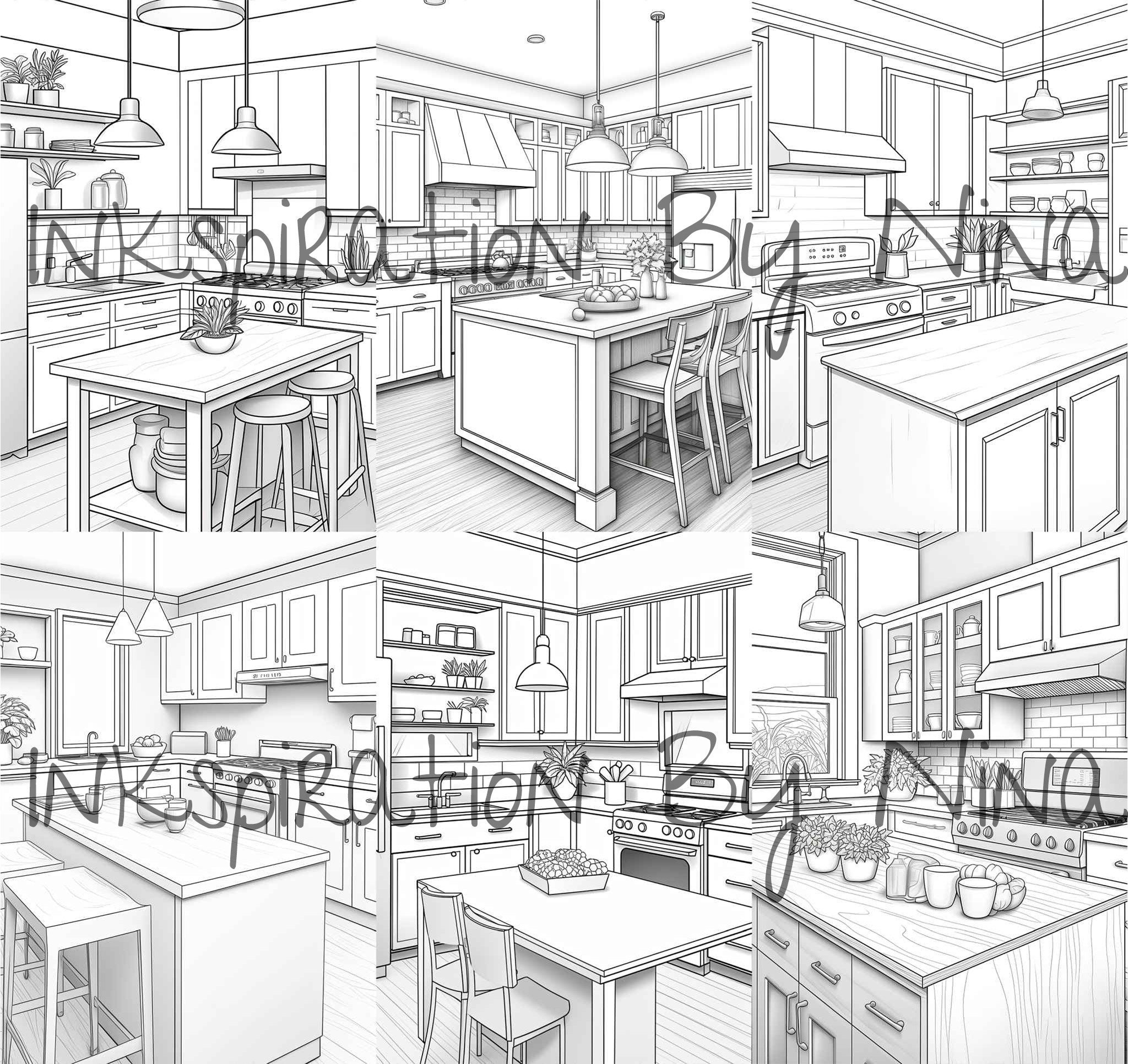 Minimalistic Kitchen Coloring Book, 24 Detail Greyscale Adult ...
