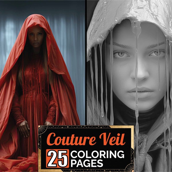 Couture Veiled Woman Coloring Book, 25 Greyscale Adult & Kids Detail Woman Colouring Page, A4 Size Sheet, Printable Digital PDF Download