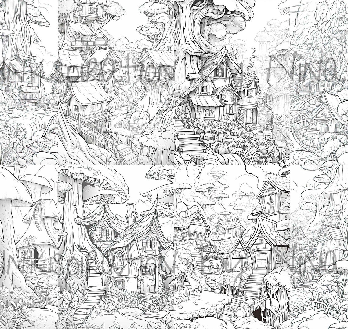 Magical Hidden Fairy Village Coloring Pages 22 Premium Adult Etsy
