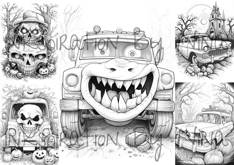 Scary Halloween Cars Coloring Book, 20 Greyscale Adult & Kids Detailed ...