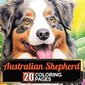 Australian Shepherd on a Lawn Coloring Pages, 20 Premium Coloring Sheets, Coloring Book A4 Size, Printable Digital PDF Download, Dog Theme
