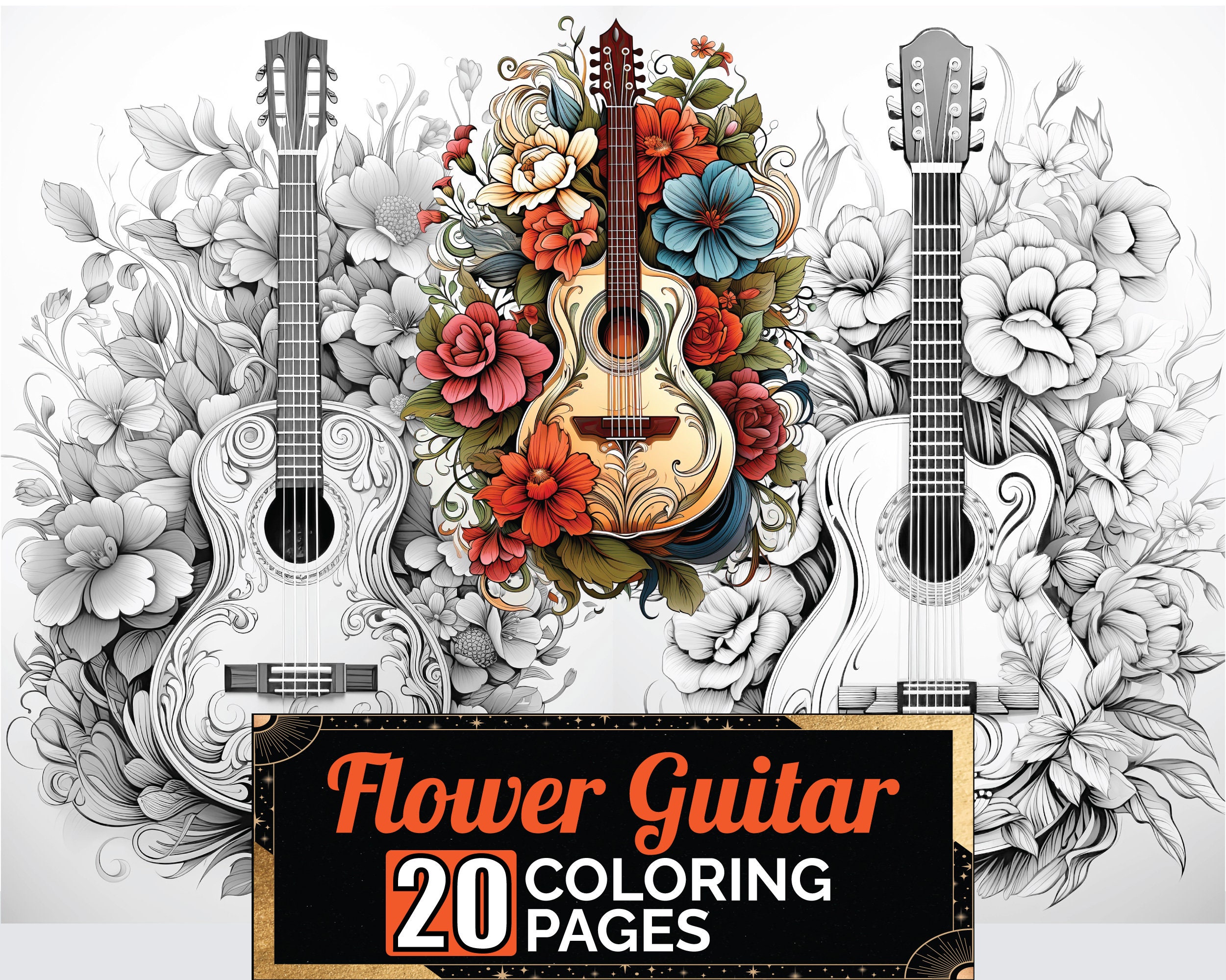 Cool Acoustic Flower Guitar Coloring Book, 20 Greyscale Adult & Kids
