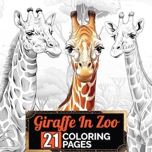 Giraffe im Zoo Malbuch, 21 Detail Graustufen afrikanische Tiere Malseite für Erwachsene und Kinder, A4-Blatt, druckbare digitale PDF-Download