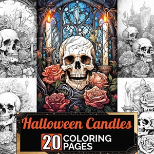 Halloween Skeleton In Candle Flowers Coloring Pages, 20 Premium Adult Coloring Sheets, Coloring Book A4 Size, Printable Digital PDF Download